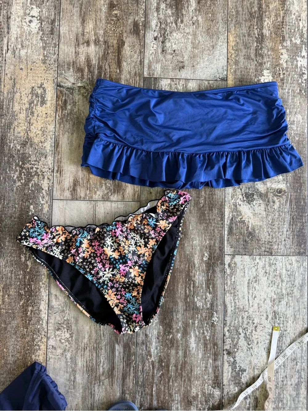 2 for $10 sale: 2 Bikini bottoms ; blue ruffle trim swim skirt and floral cheeky